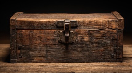 A vintage wooden toolbox closed neatly iron latch gleaming under spotlight Shadows emphasize grain patterns and craftsmanship Scene