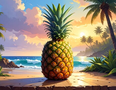 Digitally painted pineapple on a beach with ocean and sunset view - Powered by Adobe