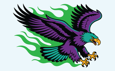 Obraz premium Powerful purple and black eagle with sharp talons flying in front of green fire shapes