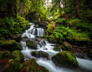 Serene cascading waterfall flowing through a lush green forest landscape