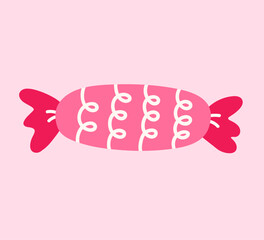 Cute pink wrapped candy. Vector hand-drawn illustration in a flat style. Perfect for decorations, logo, menu, various designs. Sweet food.