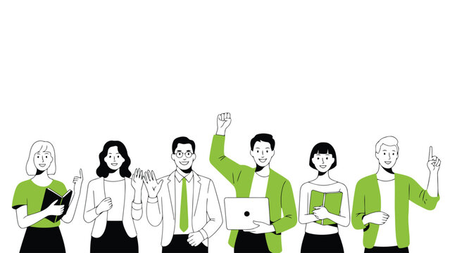 Six enthusiastic diverse business people standing together smiling on a clean white background - Powered by Adobe