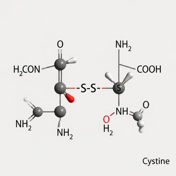 Cystine molecule representation portraying a complex chemical structure with detailed atomic bonds