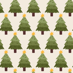 Cute festive pattern with Christmas trees. Vector hand-drawn flat illustration. Perfect for holiday and season designs, cards, decorations, wallpaper, wrapping paper, textile.