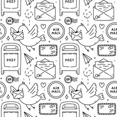 Seamless hand-drawn postal pattern with letters, envelopes, stamps, post boxes, doves, and paper planes. Vector doodle illustration. Perfect for print, wrapping paper. Cute mail delivery design.