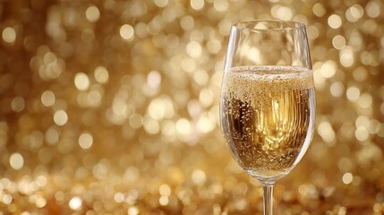 Glass of champagne with golden bokeh background