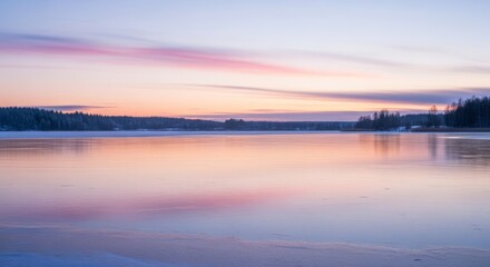 Tranquil winter lake at dawn with soft pastel sky and reflections
