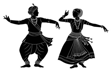 Classical Indian dance silhouette illustration with male and female performers in traditional attire and expressive poses