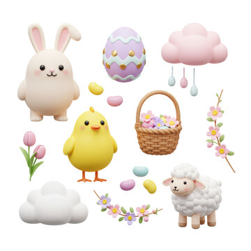 an array of adorable, highly detailed 3d easter icons, including a plump bunny and decorated egg, arranged in a flat lay on a transparent background. adorable easter holiday presentation