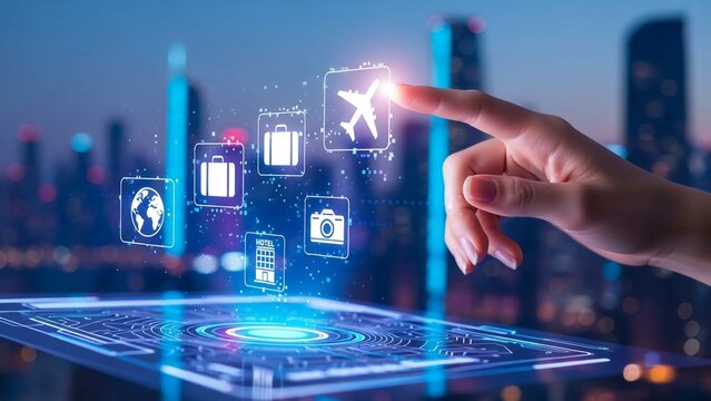 Travel planning interface: Finger selects airplane icon on a futuristic holographic display with icons for globe, luggage, camera, and hotel. - Powered by Adobe