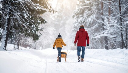 Firefly_Girl in warm clothing pulling sled on snow at park 852583.jpg