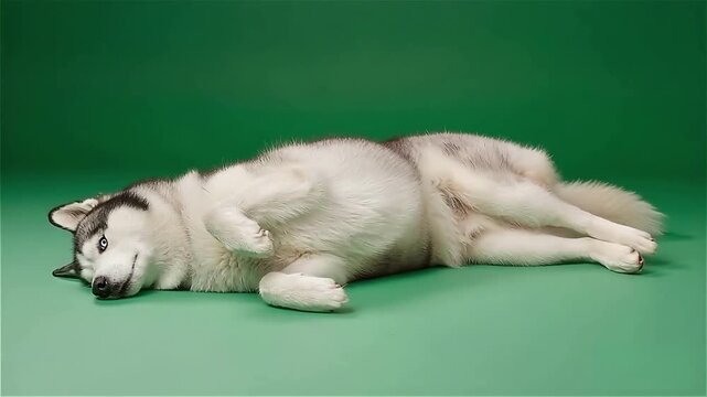 Siberian Husky lying on its back on a green screen background