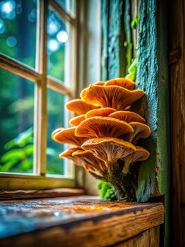 Heres the expanded metadata  Mysterious fungus has grown on a windowsill, its unusual shape and vibrant colors adding an air of curiosity to the oth