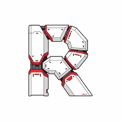 The letter R is constructed from white geometric panels with red accents and black outlines, set against a clean white background. anime mecha