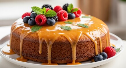 Delicate caramel glazed cake adorned with vibrant berries and fresh mint garnishments presentation