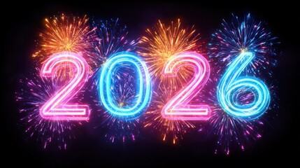 2026 typography with colorful glowing neon fireworks illustration on dark festive background