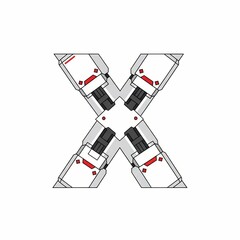 A stylized letter X, constructed from robotic components, features a white, gray, and black color scheme with red accents on a clean white background. anime mecha