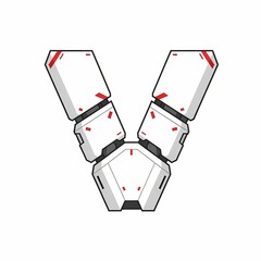 A stylized robotic design forms a V shape. It features white panels, black outlines, and red accent marks on a clean white background. anime mecha