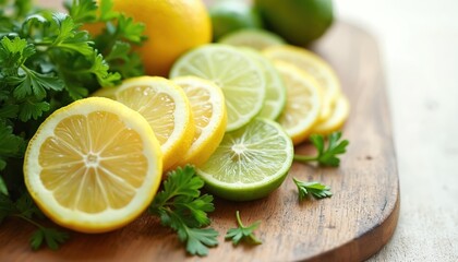 Fresh lemon and lime slices with parsley arranged on a rustic wooden board. These vibrant citrus fruits are perfect for culinary use. They offer a zesty flavor for cooking and drinks.