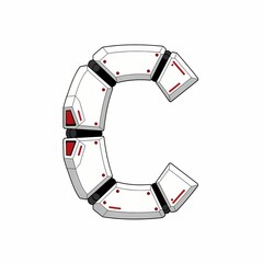 Isolated letter C, stylized with white panels, red details, and black joints, creating a futuristic, robotic alphabet design on a white background. anime mecha