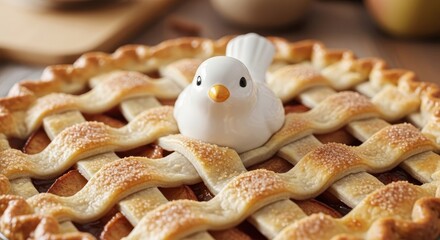 Delicious homemade apple pie featuring decorative bird perched atop lattice crust is displayed