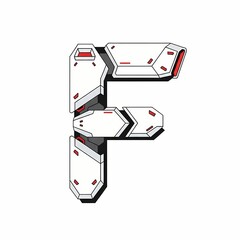 The image shows a futuristic letter F. It is geometric, white with red accents, and has a sci-fi font on a white background. anime mecha