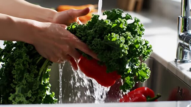 Washing Fresh Vegetables in the Kitchen Sink for Healthy Eating.