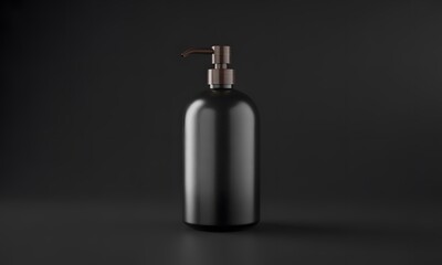 Obraz premium Glossy black lotion pump bottle with gold dispenser on a dark background.