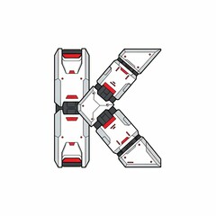 A stylized letter K is constructed from geometric shapes, featuring a white and gray color scheme with red accents, set against a clean white background. anime mecha