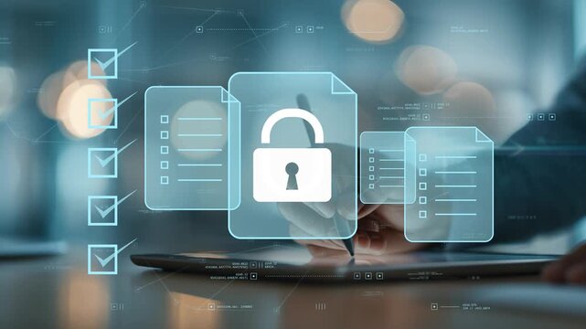 Holographic digital sheet with a padlock icon representing data protection and online business security in a corporate setting. Cybersecurity and innovation.