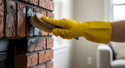 Close up of a hand in a yellow glove brushing soot from a fireplace brick wall for a household deep cleaning concept and home maintenance