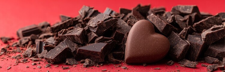 Heart-Shaped Chocolate with Dark Chunks on Red Background, banner