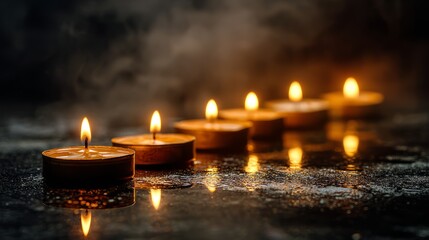 Row of Burning Tealight Candles on Reflective Surface in Dark Smoky Atmosphere