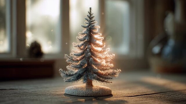 A tiny Christmas tree is lit up and placed on a wooden table. Tiny desktop christmas tree, tiny desktop tree with gentle snowy texture, placed on a wooden surface, warm cozy interior glow