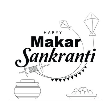 Happy Makar Sankranti Line Art Vector - Outline Illustration with Kites, Laddu, and Pot Symbols.