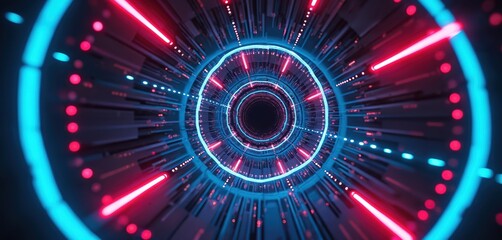 Abstract tunnel with blue and pink neon lights. Futuristic glowing digital portal with geometric patterns. Sci-fi background with circular motion and bright lines.