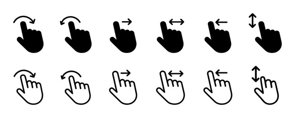 Hand finger gesture icon set, slide up down left right finger signs, swipe symbol outline and silhouette, vector illustration