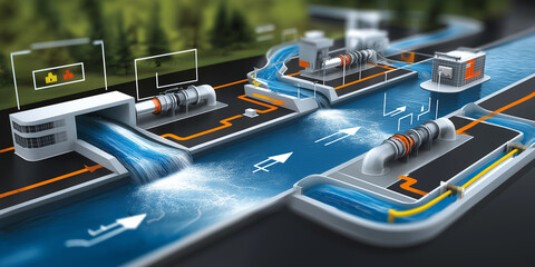 Conceptual illustration of minimal hydropower canal system, showcasing clean and efficient design. image features flowing water, turbines, and control structures, emphasizing renewable energy