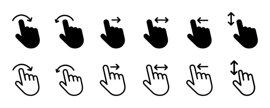 Hand finger gesture icon set, slide up down left right finger signs, swipe symbol outline and silhouette, vector illustration