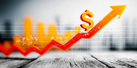 Dynamic image of rising currency arrow with dollar symbol, symbolizing financial growth and success. background features blurred cityscape, enhancing sense of progress