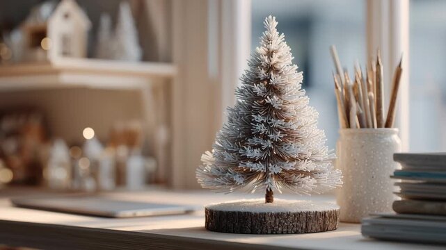 A small white tree sits on a wooden table next to a vase. Tiny desktop christmas tree, tiny frosted christmas tree on a small shelf above a workspace, soft winter texture, warm inviting look