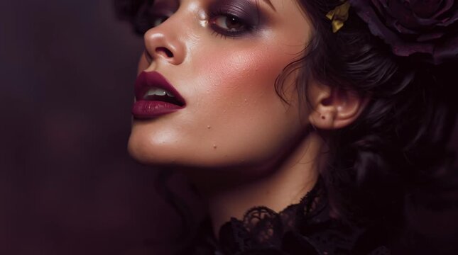 Woman with dramatic makeup and dark roses in her hair, lit by soft rim light. Abstract shadowed background creates a moody, artistic, and cinematic portrait.