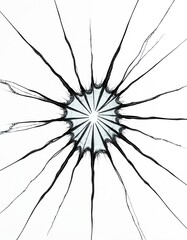 Spider web pattern on cracked glass surface. Sharp radial lines spread from center point on white background. Shattered texture resembles star burst.
