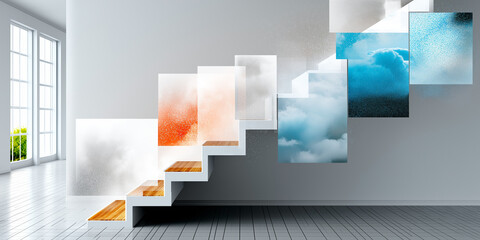 Modern white staircase with artistic shadows and colorful abstract panels creates dynamic visual effect in bright, minimalist interior. design blends creativity with functionality