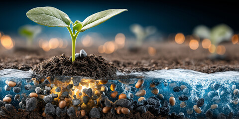 Young plant sprouting from soil with visible roots and seeds beneath, surrounded by soft bokeh background, symbolizing growth and potential