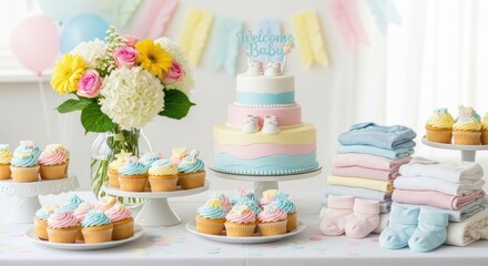 Delightful baby shower arrangement featuring pastel shades, cakes, cupcakes and floral bouquet