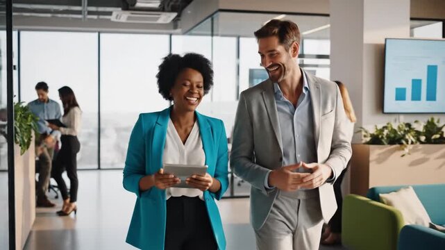 Two professionals converse in a bright modern office, colleagues blurred in the background, smiling