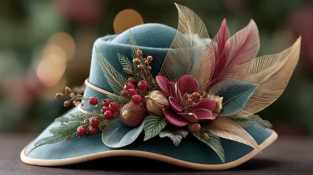 Elegant Christmas Hat Adorned with Winter Berries and Gold Feathers