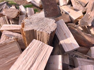 Chopped Firewood and Axe in Sunlight