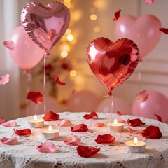 Romantic Table Setting with Heart Balloons and Candles